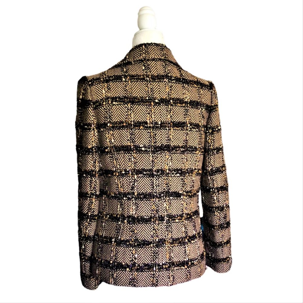 ECAILLE Paris Brown Overcheck Herringbone Tweed Woven with Lurex Jacket Sz 10 - Picture 6 of 7